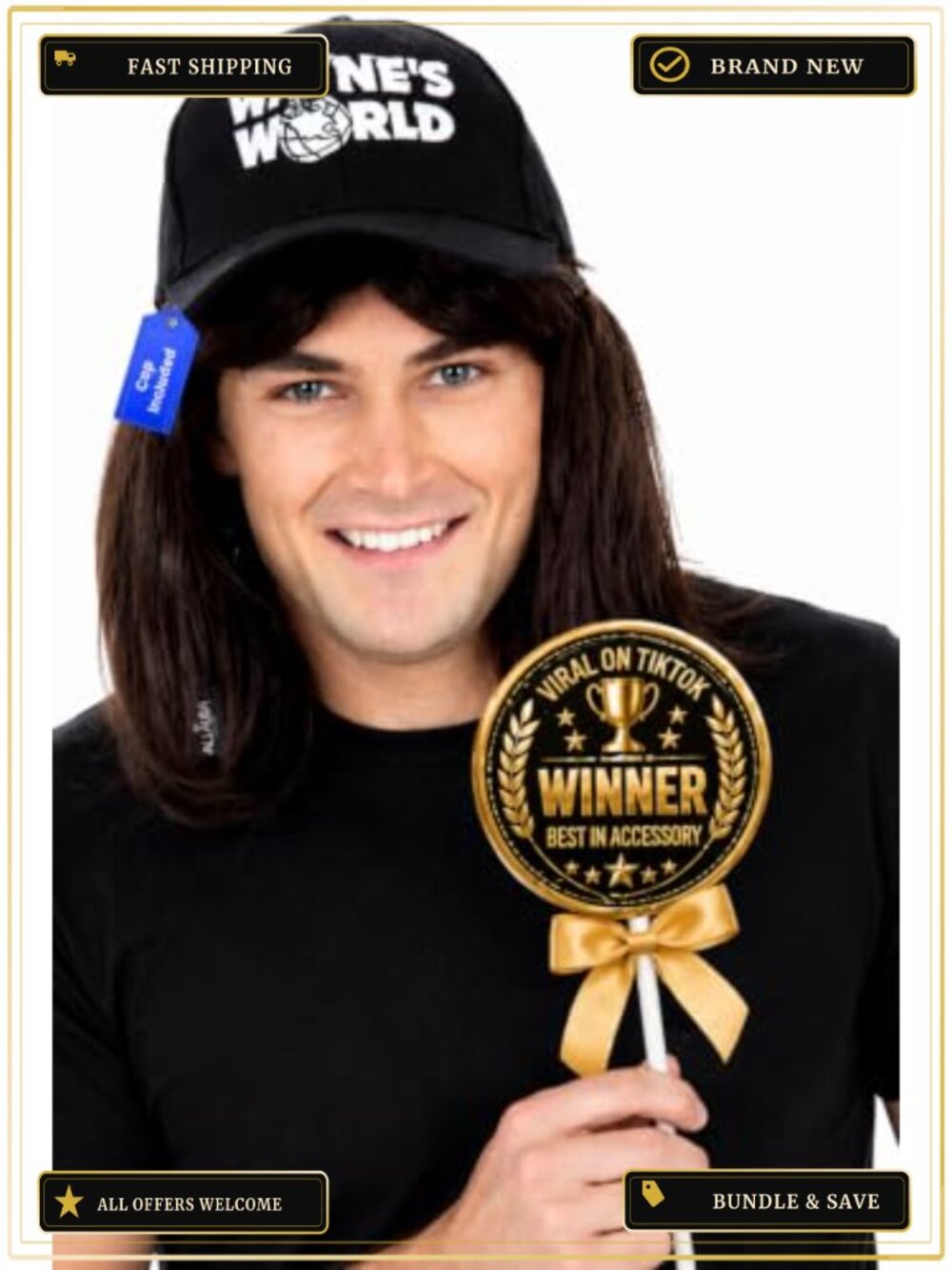 Black Mullet Wig and Baseball Cap Set for Men, 80s Rocker Halloween Costume